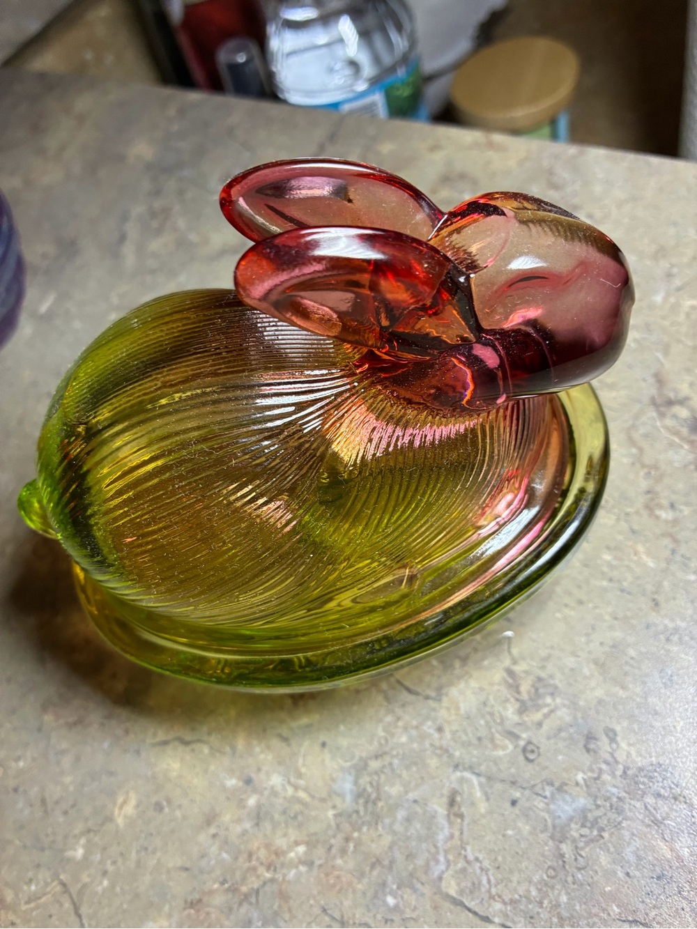 Glass Bunny Trinket Dish in Green and Pink
